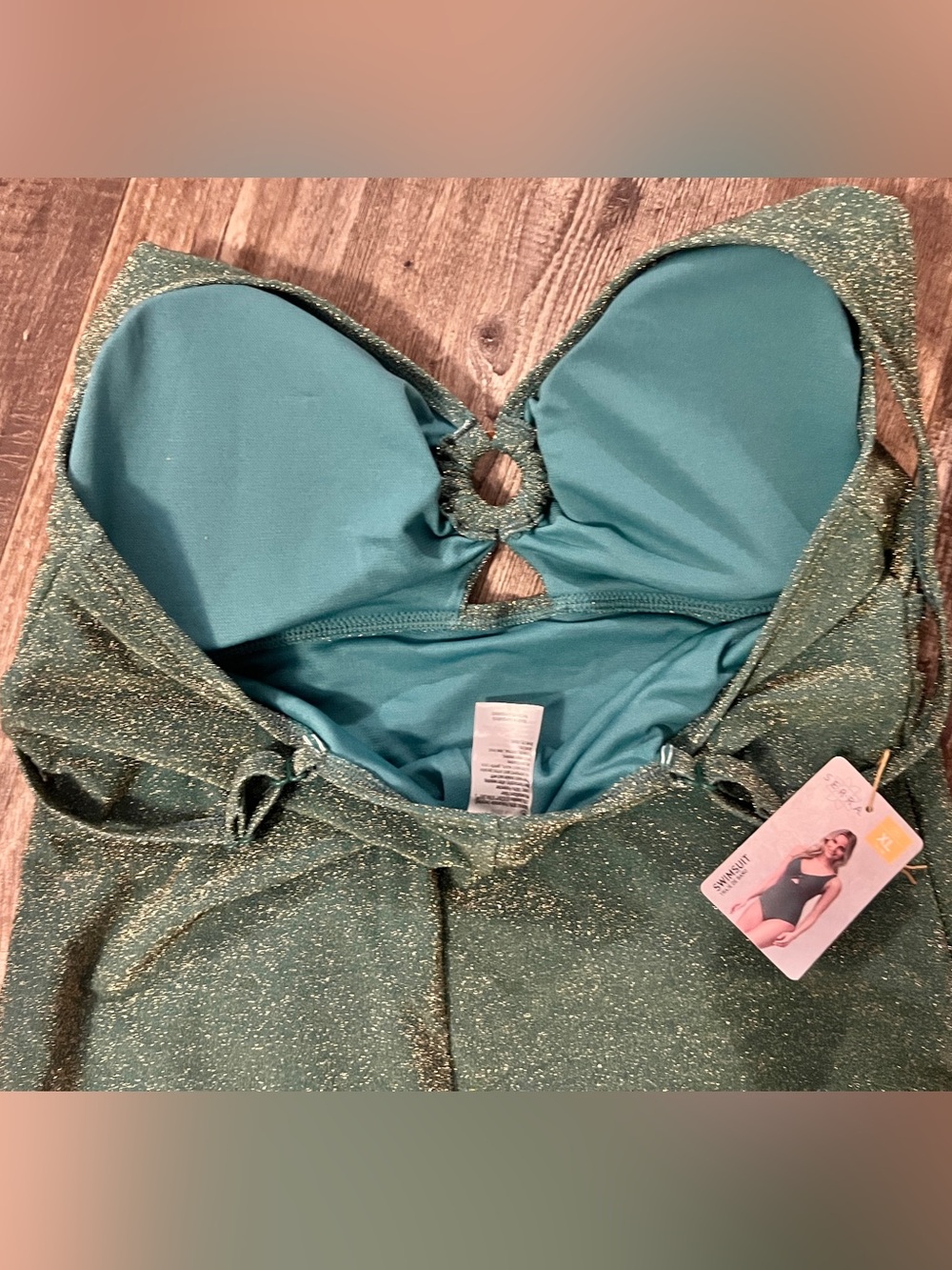 Women’s Front Knot Cut- Out One Piece Swimsuit 16/18 Green Metallic Shimmer - Picture 3 of 7
